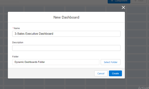 Screenshot: Salesforce New Dashboard button.
