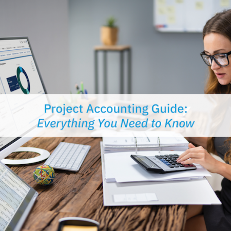 Image of a woman looking using Accounting Seed with text reading ”Project accounting guide: everything you need to know”