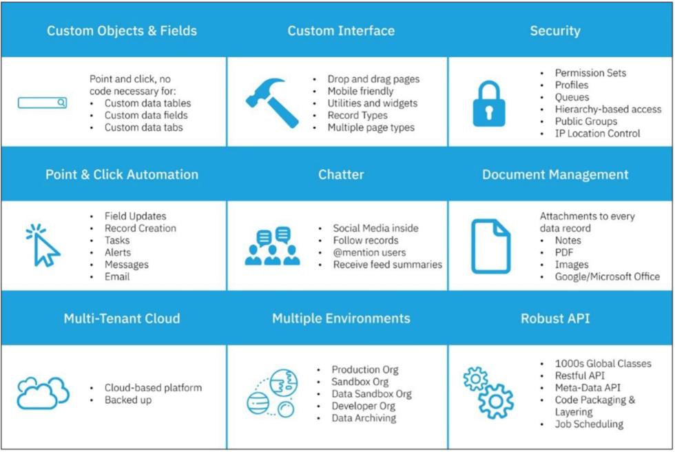 9 value added accounting platform functions: custom objects and fields, custom interface, security, point and click automation, chatter, document management, multi-tenant cloud, multiple environments, and robust API