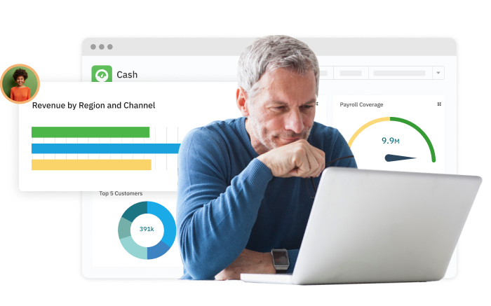 Stylized graphic showing man using flexible accounting software with multiple configurable charts