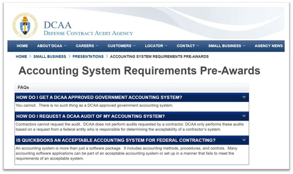 Imgae from DCAA.mil website showing FAQ's for Accounting System Requirements. 