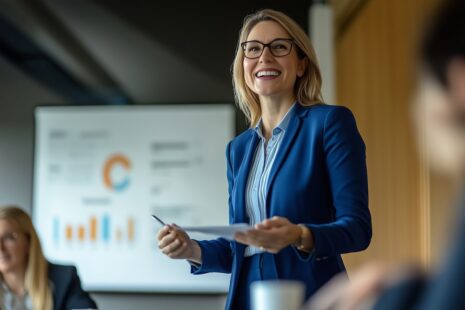 A confident female CFO gives a presentation during a corporate meeting, smiling and engaging with her audience while standing in front of a data chart